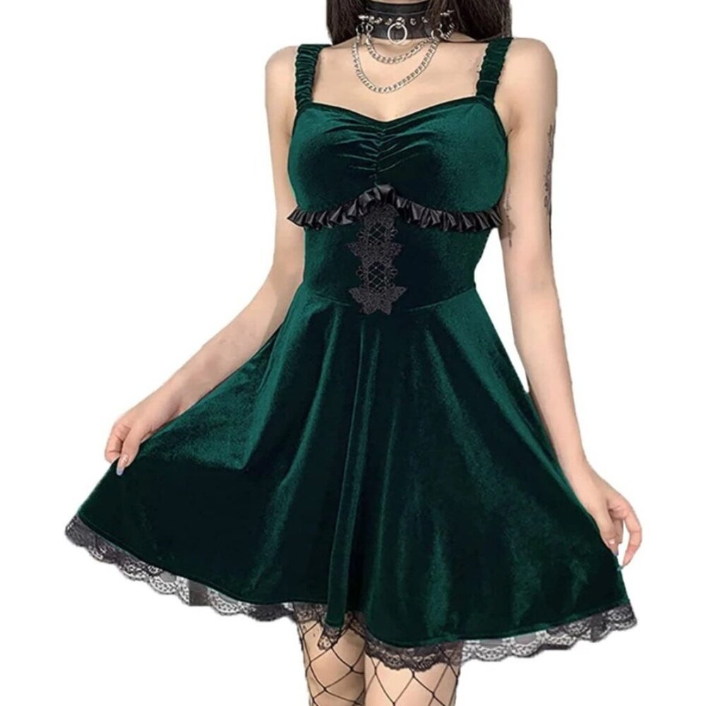Gothic Retro Green Velvet Dress Medium Lace Butterflies Steampunk Party Fairy‎